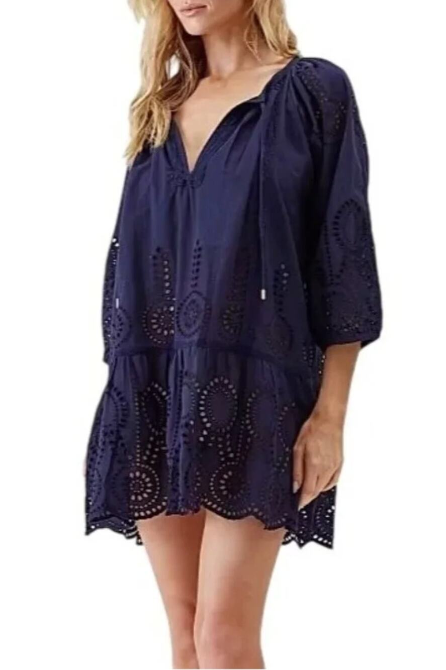 Melissa Odabash Ashley Navy Blue Mini Dress Eyelet Drop Waist Loose M Medium